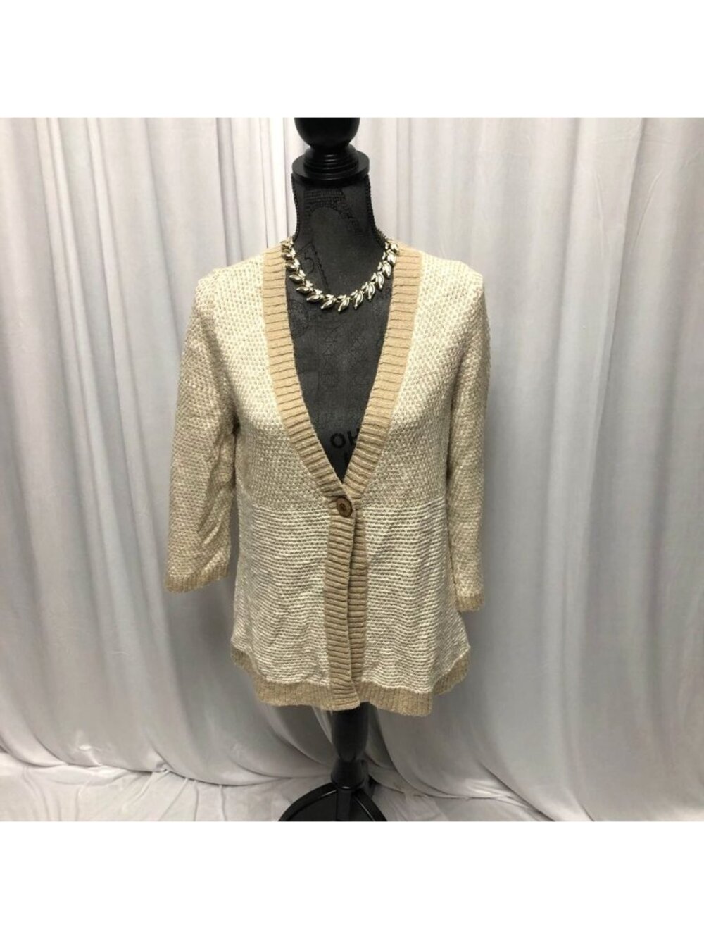 Christopher and Banks Cardigan Womens Size Medium Tan White Sweater